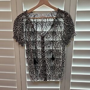 Joie White and Brown Ruffled Puff Sleeve Blouse